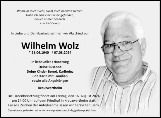 Traueranzeige von Wilhelm Wolz von Fränkische Nachrichten