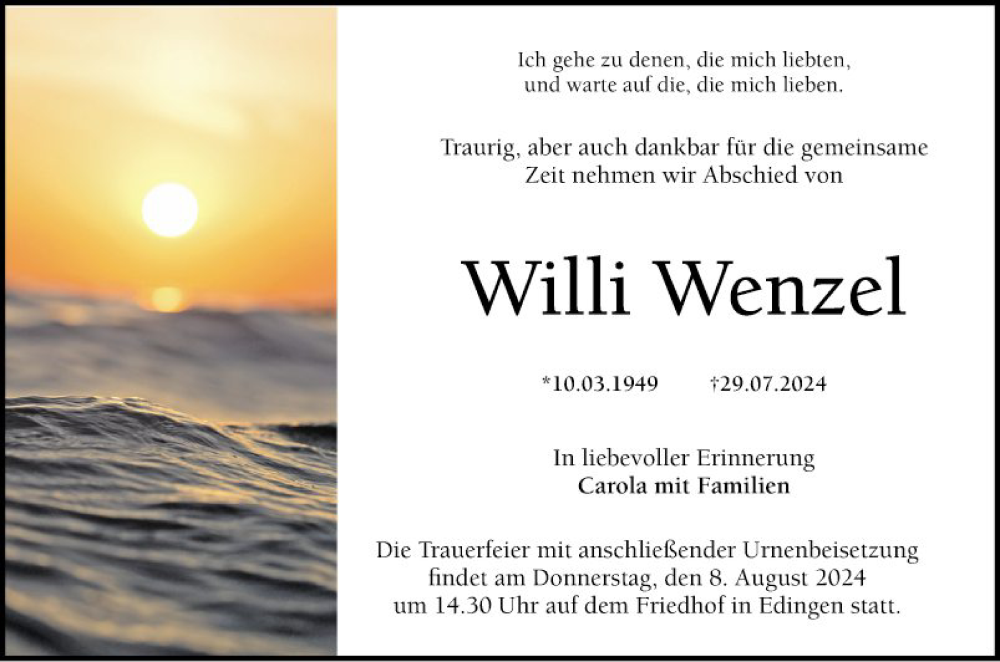  Traueranzeige für Willi Wenzel vom 03.08.2024 aus Schwetzinger Zeitung