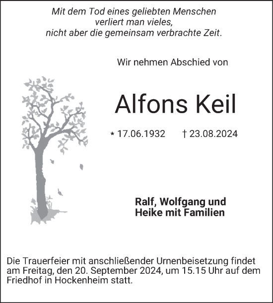 Traueranzeige von Alfons Keil von Schwetzinger Zeitung