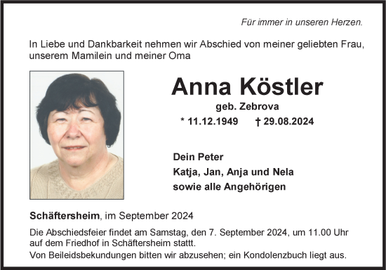 Traueranzeige von Anna Köstler von Fränkische Nachrichten