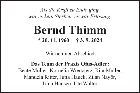 Traueranzeige von Bernd Thimm von Fränkische Nachrichten