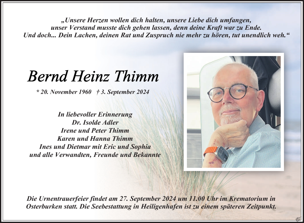  Traueranzeige für Bernd Heinz Thimm vom 21.09.2024 aus Fränkische Nachrichten