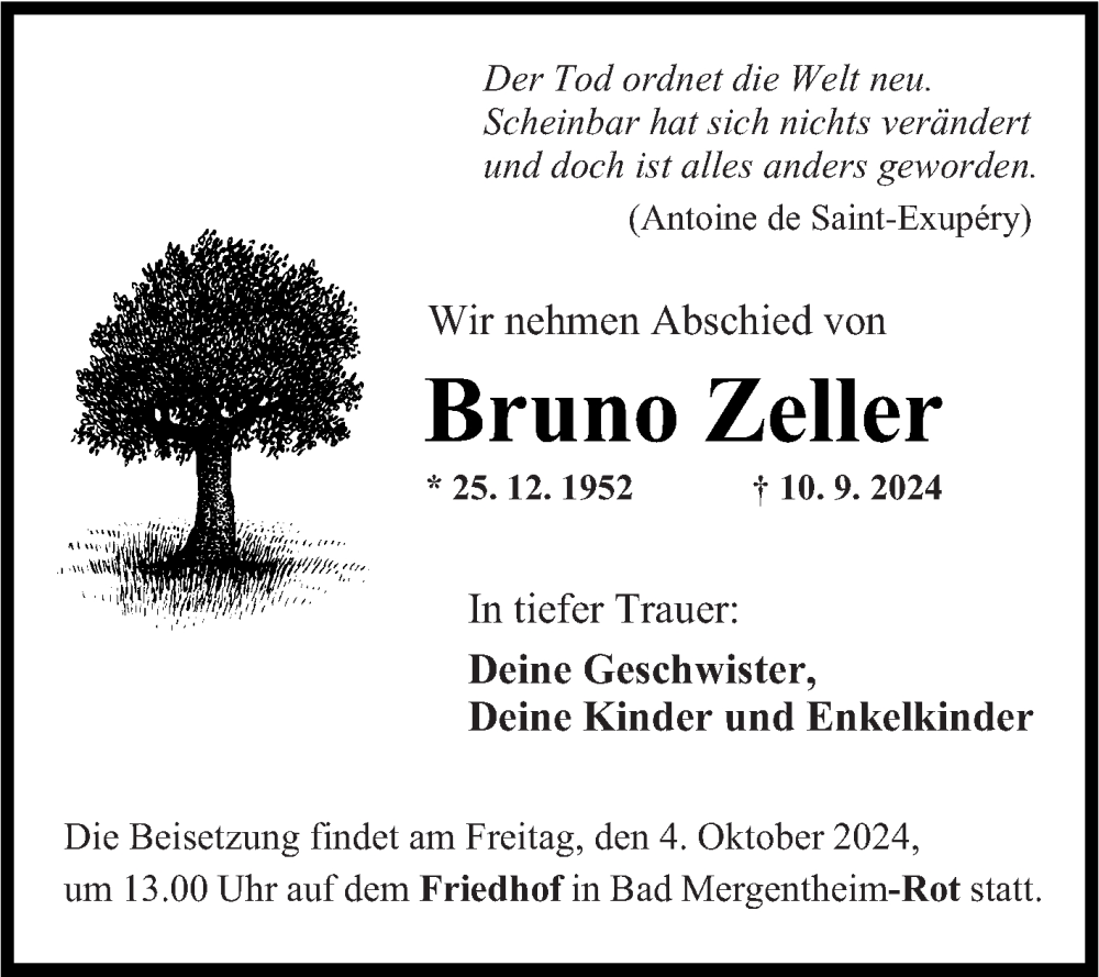  Traueranzeige für Bruno Zeller vom 28.09.2024 aus Fränkische Nachrichten