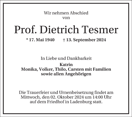 Traueranzeige von Dietrich Tesmer von Mannheimer Morgen