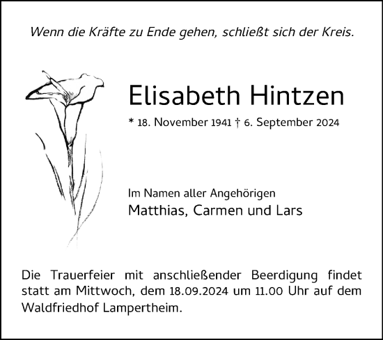 Traueranzeige von Elisabeth Hintzen von Mannheimer Morgen