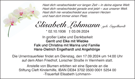 Traueranzeige von Elisabeth Lohmann von Mannheimer Morgen