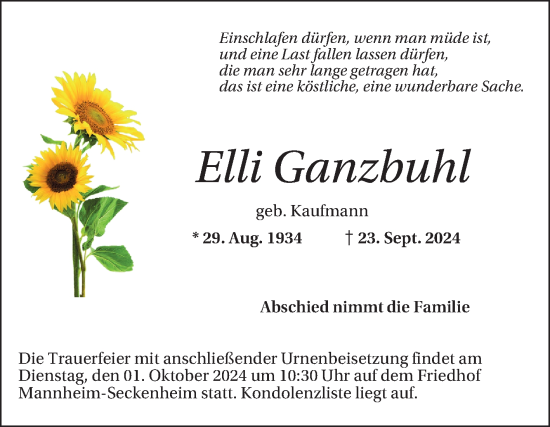 Traueranzeige von Elli Ganzbuhl von Mannheimer Morgen