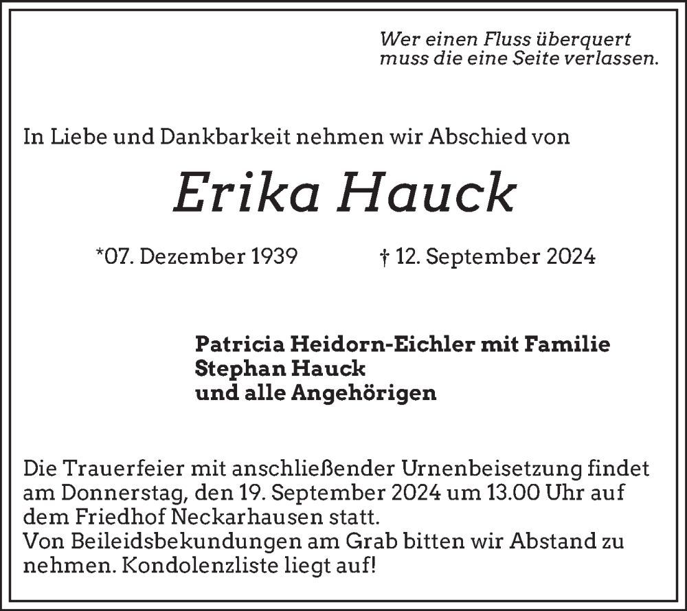  Traueranzeige für Erika Hauck vom 17.09.2024 aus Mannheimer Morgen