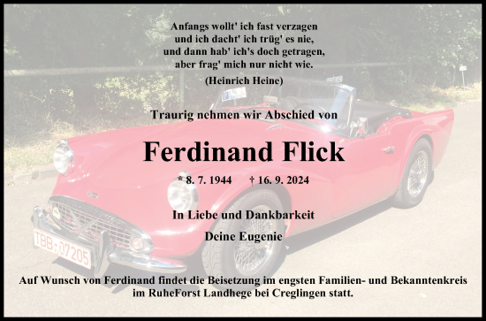 Traueranzeige von Ferdinand Flick von Fränkische Nachrichten