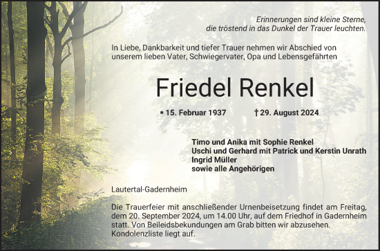 Traueranzeige von Friedel Renkel von Bergsträßer Anzeiger