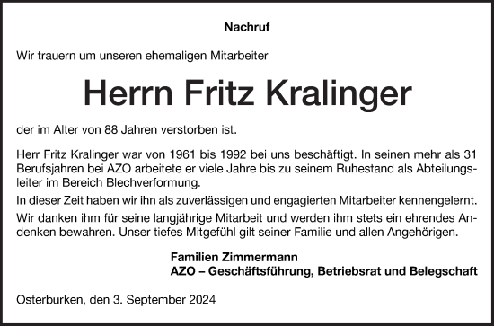 Traueranzeige von Fritz Kralinger von Fränkische Nachrichten