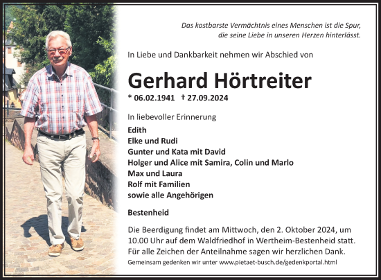 Traueranzeige von Gerhard Hörtreiter von Fränkische Nachrichten