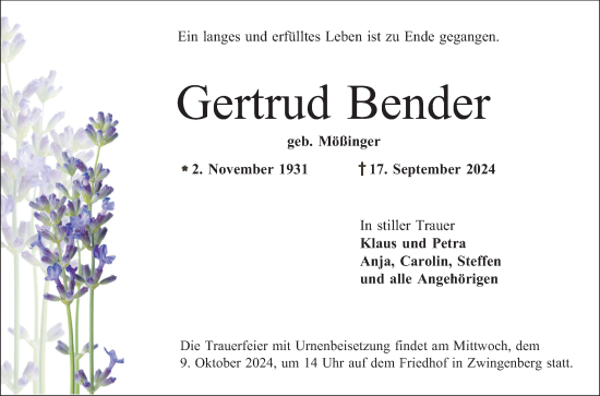 Traueranzeige von Gertrud Bender von Bergsträßer Anzeiger