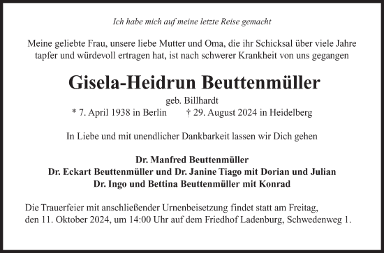 Traueranzeige von Gisela-Heidrun Beuttenmüller von Mannheimer Morgen