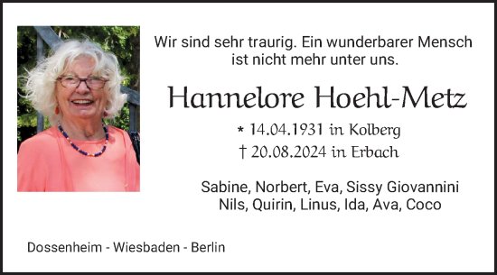 Traueranzeige von Hannelore Hoehl-Metz von Mannheimer Morgen