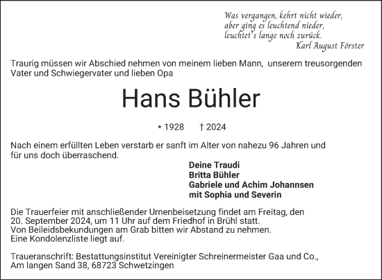 Traueranzeige von Hans Bühler von Schwetzinger Zeitung