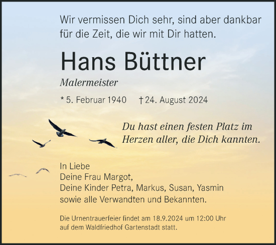 Traueranzeige von Hans Büttner von Mannheimer Morgen