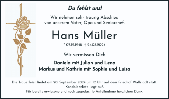 Traueranzeige von Hans Müller von Mannheimer Morgen