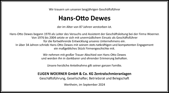 Traueranzeige von Hans-Otto Dewes von Fränkische Nachrichten