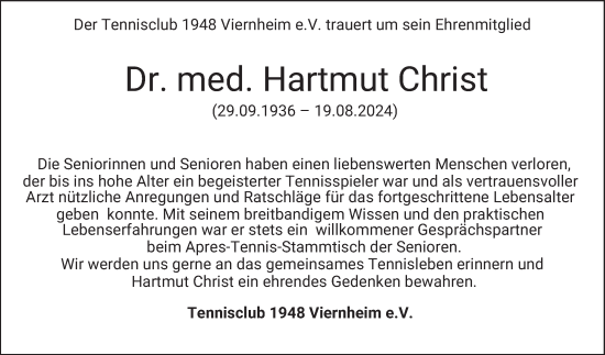 Traueranzeige von Hartmut Christ von Mannheimer Morgen