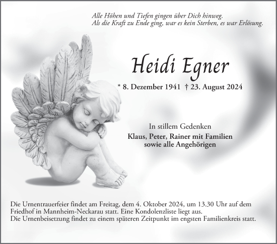 Traueranzeige von Heidi Egner von Mannheimer Morgen