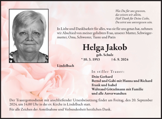 Traueranzeige von Helga Jakob von Fränkische Nachrichten