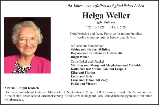 Traueranzeige von Helga Weller von Fränkische Nachrichten