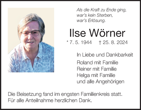 Traueranzeige von Ilse Wörner von Fränkische Nachrichten