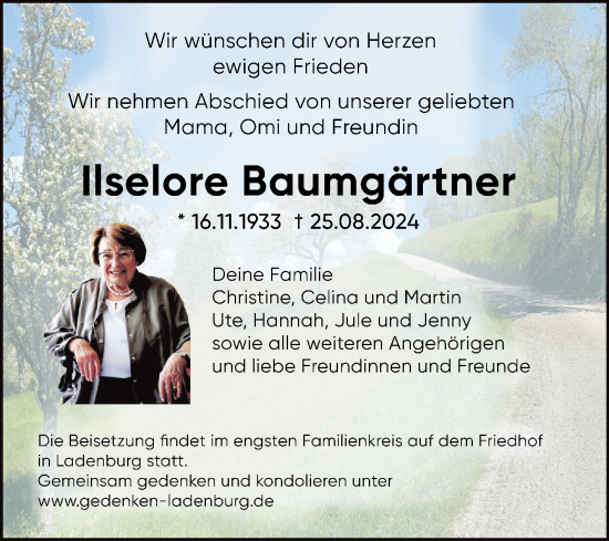 Traueranzeige von Ilselore Baumgärtner von Mannheimer Morgen