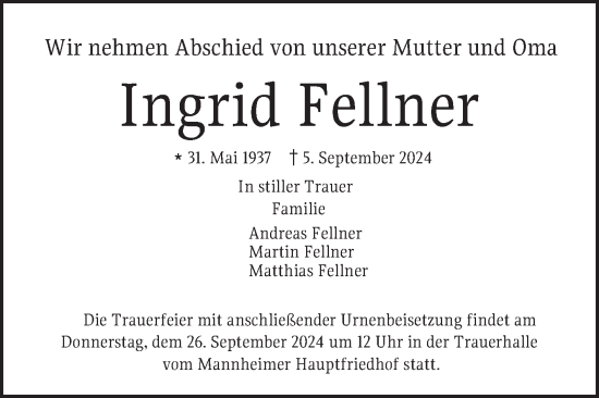 Traueranzeige von Ingrid Fellner von Mannheimer Morgen