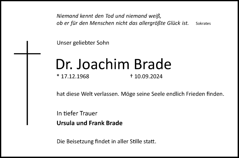  Traueranzeige für Joachim Brade vom 14.09.2024 aus Mannheimer Morgen