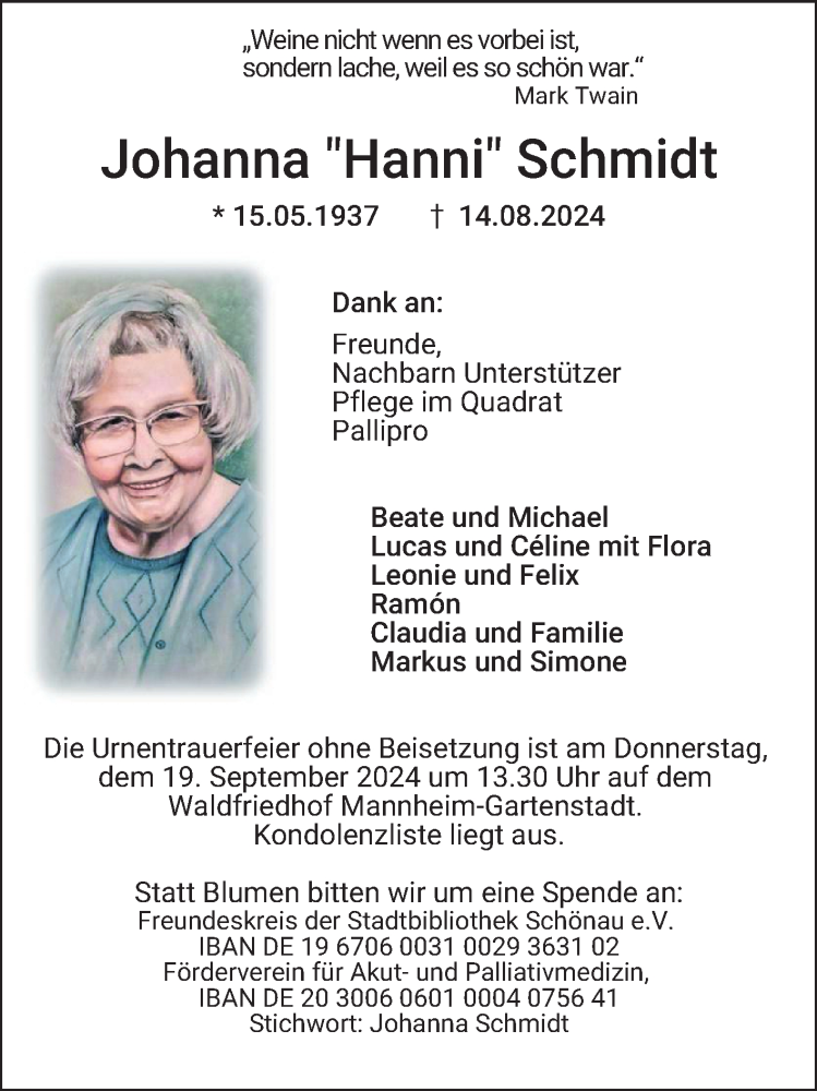  Traueranzeige für Johanna Schmidt vom 07.09.2024 aus Mannheimer Morgen