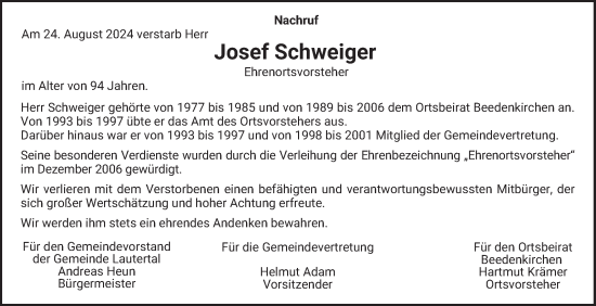 Traueranzeige von Josef Schweiger von Bergsträßer Anzeiger