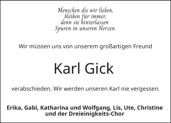 Traueranzeige von Karl Gick von Mannheimer Morgen