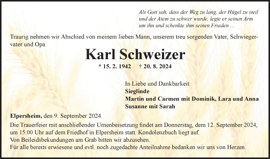 Traueranzeige von Karl Schweizer von Fränkische Nachrichten