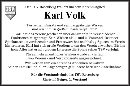 Traueranzeige von Karl Volk von Fränkische Nachrichten