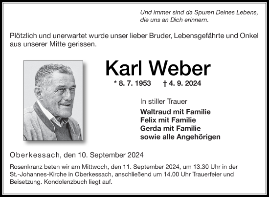 Traueranzeige von Karl Weber von Fränkische Nachrichten