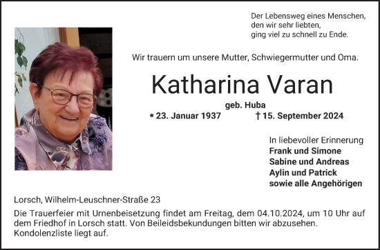 Traueranzeige von Katharina Varan von Bergsträßer Anzeiger