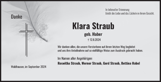 Traueranzeige von Klara Straub von Fränkische Nachrichten