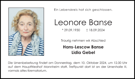 Traueranzeige von Leonore Banse von Mannheimer Morgen