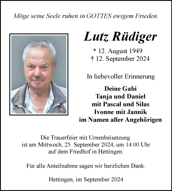 Traueranzeige von Lutz Rüdiger von Fränkische Nachrichten