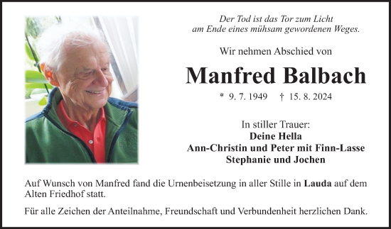 Traueranzeige von Manfred Balbach von Fränkische Nachrichten