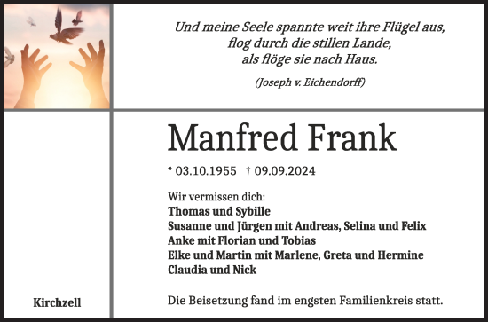 Traueranzeige von Manfred Frank von Fränkische Nachrichten