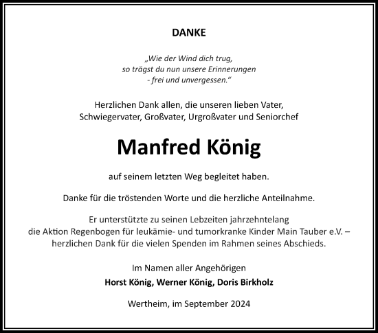 Traueranzeige von Manfred König von Fränkische Nachrichten