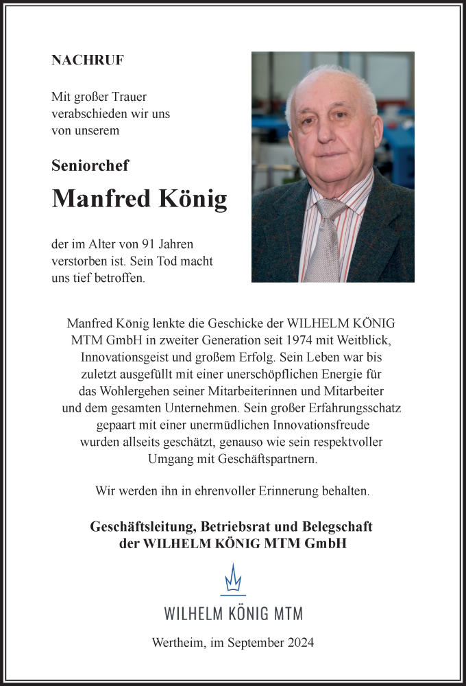  Traueranzeige für Manfred König vom 17.09.2024 aus Fränkische Nachrichten