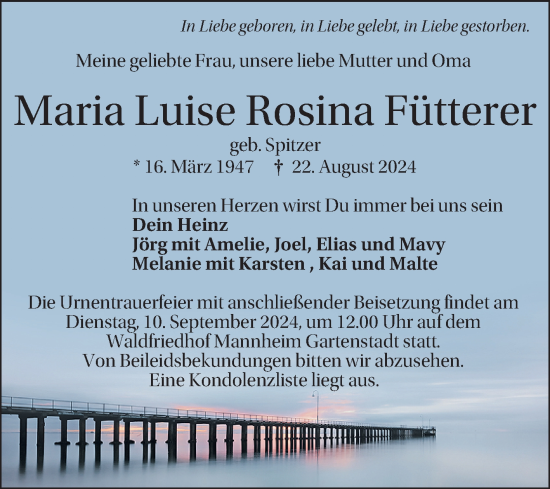 Traueranzeige von Maria Luise Rosina Fütterer von Mannheimer Morgen