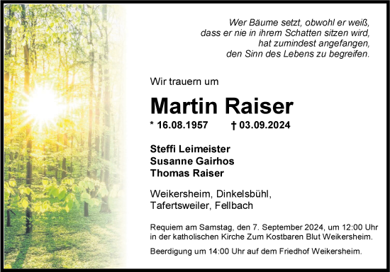 Traueranzeige von Martin Raiser von Fränkische Nachrichten