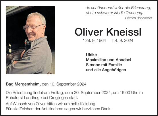 Traueranzeige von Oliver Kneissl von Fränkische Nachrichten