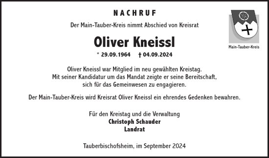 Traueranzeige von Oliver Kneissl von Fränkische Nachrichten