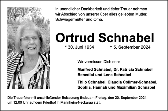 Traueranzeige von Ortrud Schnabel von Mannheimer Morgen